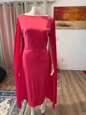 Boat Neck Midi Dress with Pleated Cape Sleeves - Hot Pink